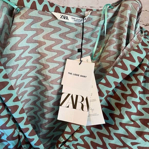 Zara Women's Green Lissie Chevron Open Front Tie Shirt Swim Cover Up Medium NWT - Picture 4 of 5